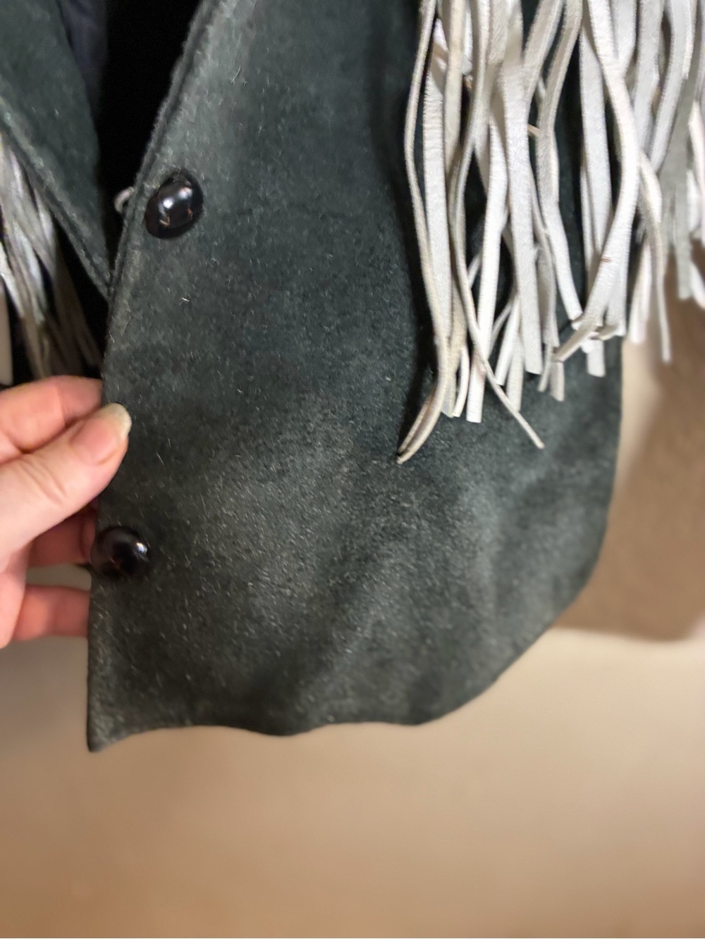 Fringed Suede Leather Jacket in Dark Gray with White Fringe - Picture 7 of 16